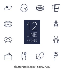 Set Of 12  Outline Icons Set.Collection Of Apple Pie, Bread, Wheat And Other Elements.