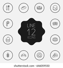 Set Of 12  Outline Icons Set.Collection Of Pancakes, Apple Pie, Pizza And Other Elements.