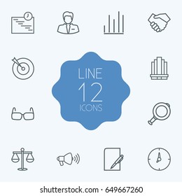 Set Of 12  Outline Icons Set.Collection Of Chart, Handshake, Scales Elements.