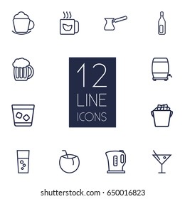 Set Of 12  Outline Icons Set.Collection Of Kettle, Beer, Green And Other Elements.