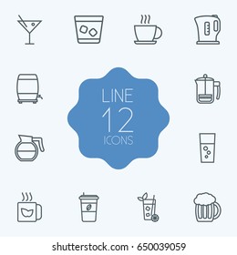 Set Of 12  Outline Icons Set.Collection Of Green, Fizzy Water, Hot Drink And Other Elements.
