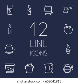 Set Of 12  Outline Icons Set.Collection Of Kettle, Ice Bucket, Champagne And Other Elements.