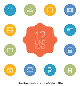 Set Of 12 Set Outline Icons Set.Collection Of Nightstand, Armchair, Sofa Elements.