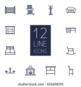 Set Of 12 Set Outline Icons Set.Collection Of Nightstand, Hanger, Desk Elements.