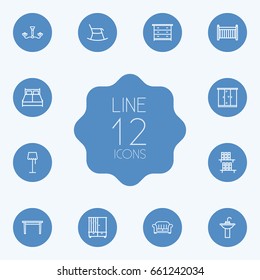 Set Of 12 Set Outline Icons Set.Collection Of Crib , Chandelier, Closet Elements.