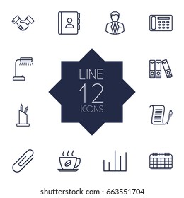 Set Of 12 Outline Icons Set.Collection Of Chart, Hot Drink, Reading-Lamp And Other Elements.