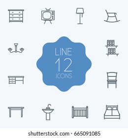 Set Of 12 Set Outline Icons Set.Collection Of Bookshelf, Crib, Tv Set And Other Elements.