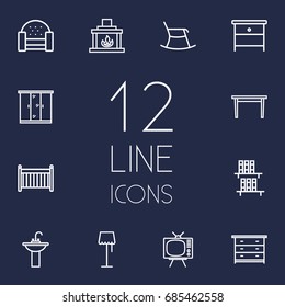 Set Of 12 Set Outline Icons Set.Collection Of Closet, Table, Drawer Unit And Other Elements.