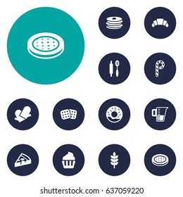 Set Of 12 Oven Icons Set.Collection Of Potholders, Whisk, Measurement And Other Elements.