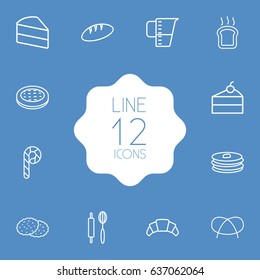 Set Of 12 Oven Outline Icons Set.Collection Of Bread, Cheesecake, Toast And Other Elements.