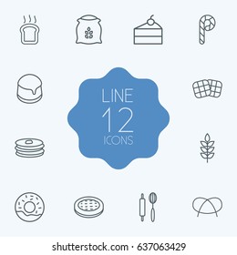Set Of 12 Oven Outline Icons Set.Collection Of Candy Cane, Cheesecake, Toast Elements.