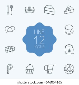 Set Of 12 Oven Outline Icons Set.Collection Of Measuring Cup, Rolling Pin, Pancakes And Other Elements.