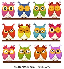 Set of 12 owls with different emotions
