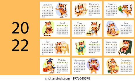 Set of 12 pages bright illustration with a cute little Tiger. Desktop horizontal calendar design template for 2022, the year of the Tiger  the Chinese calendar.  Vector stock flat illustration.