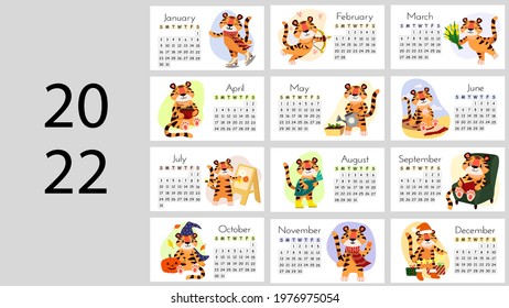 Set of 12 pages bright illustration with a cute little Tiger. Desktop horizontal calendar design template for 2022, the year of the Tiger  the Chinese calendar.  Vector stock flat illustration.