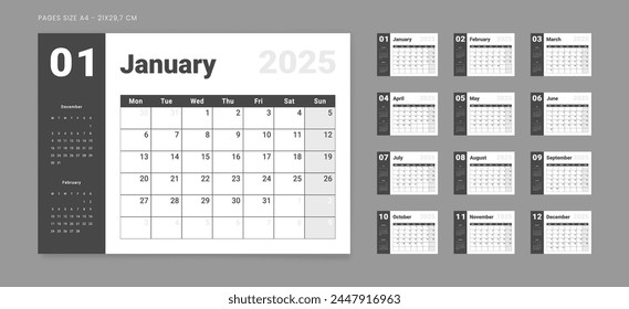 Set of 12 Pages Monthly Calendar Planner Templates on 2025 year. Vector mockup of a wall or desktop simple calendar with the week starting on Monday for printing. Page for size A4 -21x29.7 cm.