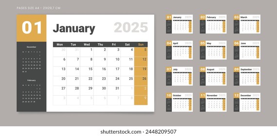 Conjunto de 12 Páginas Calendario mensual Plantillas del planificador en el año 2025. Vector maqueta de un calendario de pared o de escritorio con la semana que comienza el lunes para imprimir. Página para tamaño A4 -21x29,7 cm.