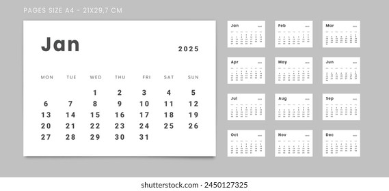 Set of 12 Pages Monthly Calendar Planner Templates on 2025 year. Vector mockup of a wall or desktop calendar with the week starting on Monday for printing in minimalist style.