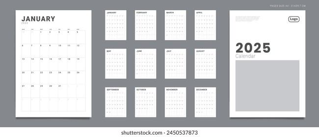 Set of 12 Pages Monthly Calendar Planner Templates on 2025 year. Vector mockup of a wall or desktop simple calendar with the week starting on Monday for printing. Page for size A4 -21x29.7 cm.