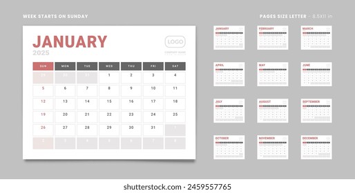 Conjunto de 12 Páginas Calendario mensual Planificador Plantillas con Logo Company en el año 2025. Vector de maqueta de un calendario de pared o de escritorio con la semana comienza el domingo para imprimir. Páginas tamaño Carta -8.5x11 in