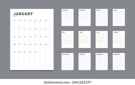 Set of 12 Pages Monthly Calendar Planner Templates on 2025 year. Vector vertical grid for wall or desktop calendar with the week starting on Monday for printing. Pages layouts sizes A4 -21x29.7 cm.