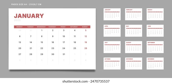 Set of 12 Pages Monthly Calendar Planner Templates on 2025 year. Vector mockup of a wall or desktop calendar with the week start on Monday for print. Pages size A4 -21x29.7cm