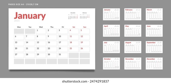 Set of 12 Pages Monthly Calendar Planner Templates on 2025 year. Vector mockup of a wall or desktop calendar with the week start on Monday for print. Pages size A4 -21x29.7cm