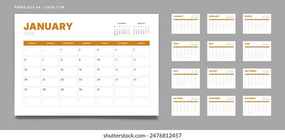 Conjunto de 12 Páginas Calendario mensual Plantillas del planificador en el año 2025. Vector de maqueta de un calendario de pared o de escritorio con la semana comienza el lunes para imprimir. Páginas tamaño A4 -21x29.7cm