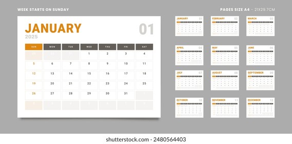 Conjunto de 12 Páginas Calendario mensual Plantillas del planificador en el año 2025. Vector de maqueta de un calendario de pared o de escritorio con la semana comienza el domingo para imprimir en color gris y rojo. Páginas tamaño Carta -8.5x11 in