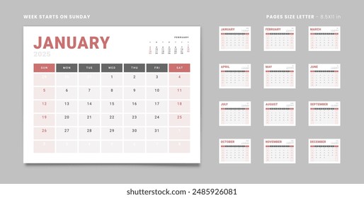 Set of 12 Pages Monthly Calendar Planner Templates on 2025 year with 2 weekend. Vector mockup of a wall or desktop calendar with the week start on Sunday for print. Pages size Letter -8.5x11 in