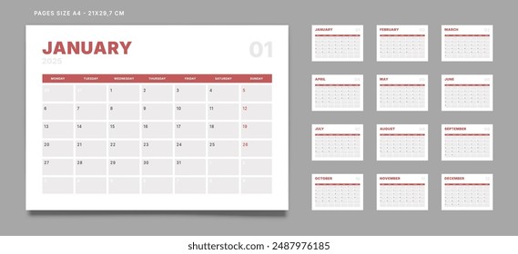 Set von 12 Seiten Monatskalender Planer Vorlagen auf 2025 Jahr. Vektorgrafik Mock-up einer Wand oder Desktop-Kalender mit dem Wochenbeginn am Montag für den Druck. Seiten Größe A4 -21x29,7cm