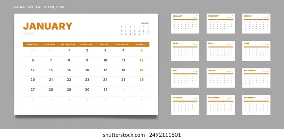 Set of 12 Pages Monthly Calendar Planner Templates on 2025 year. Vector mockup of a wall or desktop calendar with the week start on Monday for print. Pages size A4 -21x29.7cm