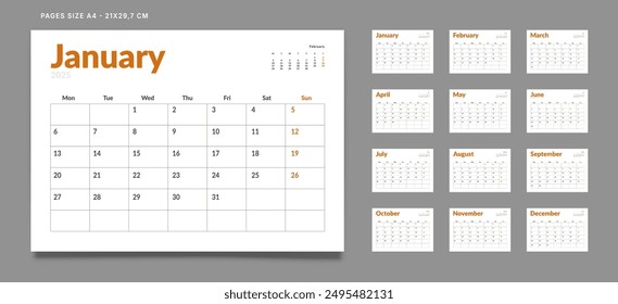 Set of 12 Pages Monthly Calendar Planner Templates on 2025 year. Vector mockup of a wall or desktop calendar with the week start on Monday for print. Pages size A4 -21x29.7cm