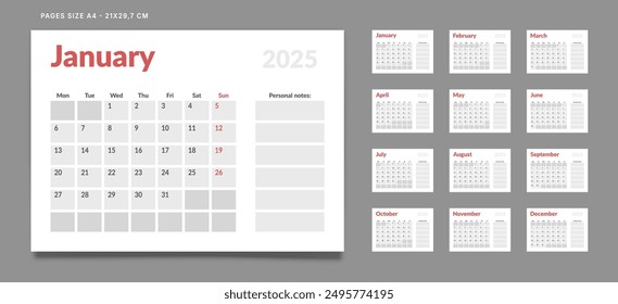 Set of 12 Pages Monthly Calendar Planner Templates on 2025 year. Vector mockup of a wall or desktop calendar with the week start on Monday for print. Pages size A4 -21x29.7cm