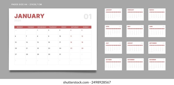 Set of 12 Pages Monthly Calendar Planner Templates on 2025 year. Vector mockup of a wall or desktop calendar with the week start on Monday for print. Pages size A4 -21x29.7cm