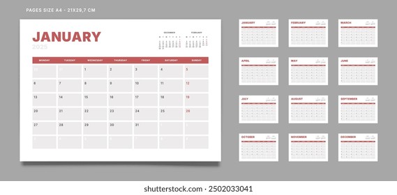 Set of 12 Pages Monthly Calendar Planner Templates on 2025 year. Vector mockup of a wall or desktop calendar with the week start on Monday for print. Pages size A4 -21x29.7cm