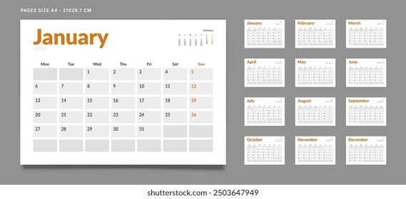 Set of 12 Pages Monthly Calendar Planner Templates on 2025 year. Vector mockup of a wall or desktop calendar with the week start on Monday for print. Pages size A4 -21x29.7cm