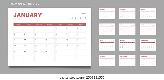 Set of 12 Pages Monthly Calendar Planner Templates on 2025 year. Vector mockup of a wall or desktop calendar with the week start on Monday for print. Pages size A4 -21x29.7cm