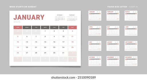 Set of 12 Pages Monthly Calendar Planner Templates on 2025 year. Vector mockup of a wall or desktop calendar with the week start on Sunday for print in grey and red color. Pages size Letter -8.5x11 in