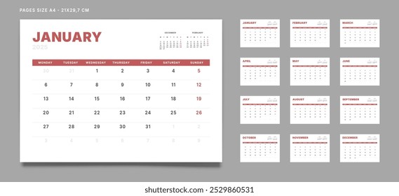 Conjunto de 12 Páginas Calendario Mensual Planner Plantillas en 2025 año. Maqueta de Vector de un calendario de pared o de escritorio con el inicio de la semana el lunes para imprimir. Páginas tamaño A4 -21x29.7cm