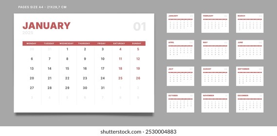 Conjunto de 12 Páginas Calendario Mensual Planner Plantillas en 2025 año. Maqueta de Vector de un calendario de pared o de escritorio con el inicio de la semana el lunes para imprimir. Páginas tamaño A4 -21x29.7cm