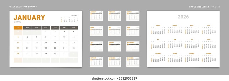 Conjunto de 12 Páginas Modelos de Planejador de Calendário Mensal e anual. Layout vetorial de um calendário de parede ou área de trabalho com a semana começando no domingo pronta para impressão. Tamanho da página Carta -8,5x11