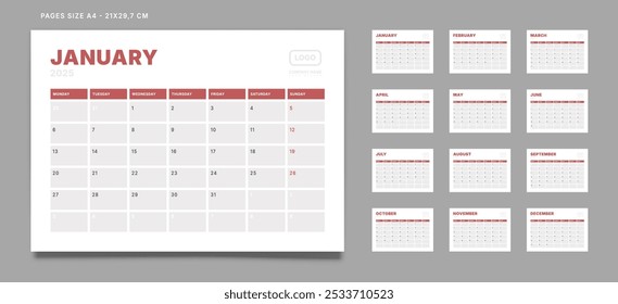 Set of 12 Pages Monthly Calendar Planner Templates on 2025 year. Vector mockup of a wall or desktop calendar with the week start on Monday for print. Pages size A4 -21x29.7cm