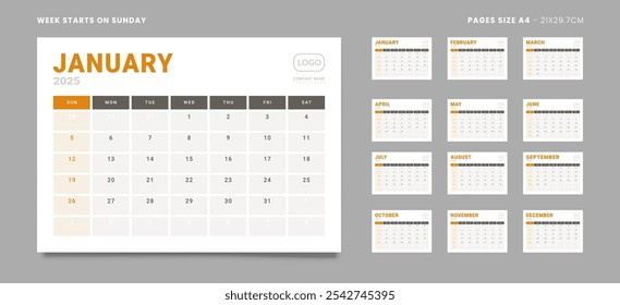 Conjunto de 12 Páginas Calendario Mensual Planner Plantillas en 2025 año. Maqueta de Vector de un calendario de pared o escritorio con el inicio de la semana el domingo para imprimir en color gris y rojo. Páginas tamaño Carta -8.5x11 in