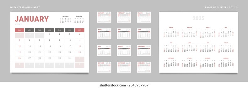 Conjunto de 12 Páginas Plantillas de Calendario Mensual Planificador y anual. Vector de un calendario de pared o de sobremesa con la semana que comienza el domingo lista para imprimir. Tamaño de página Letra -8.5x11