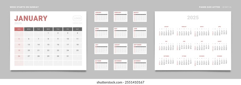 Set of 12 Pages Monthly Calendar Planner Templates and annual. Vector layout of a wall or desktop calendar with the week starting on Sunday ready for printing. Page size Letter -8.5x11