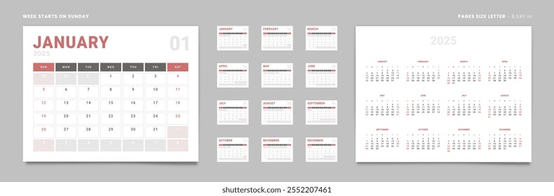 Set of 12 Pages Monthly Calendar Planner Templates and annual. Vector layout of a wall or desktop calendar with the week starting on Sunday ready for printing. Page size Letter -8.5x11