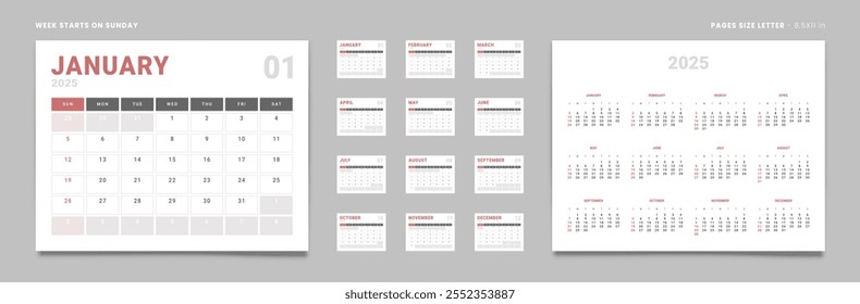 Set of 12 Pages Monthly Calendar Planner Templates and annual. Vector layout of a wall or desktop calendar with the week starting on Sunday ready for printing. Page size Letter -8.5x11