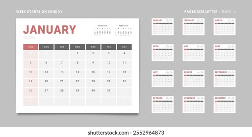 Conjunto de 12 Páginas Calendario Mensual Planner Plantillas en 2025 año. Maqueta de Vector de un calendario de pared o escritorio con el inicio de la semana el domingo para imprimir en color gris y rojo. Páginas tamaño Carta -8.5x11 in