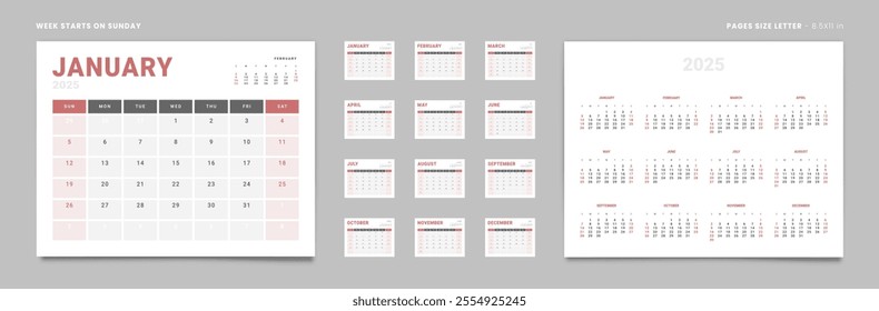 Set of 12 Pages Monthly Calendar Planner Templates and annual. Vector layout of a wall or desktop calendar with the week starting on Sunday ready for printing. Page size Letter -8.5x11